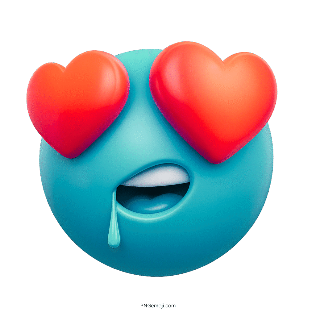Turquoise blue emoji with red heart eyes and drooling romantic facial expression