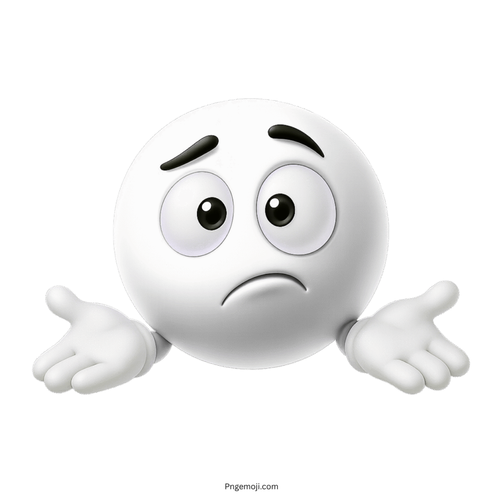 3D white emoji with uncertain shrug expression and raised hands gesture