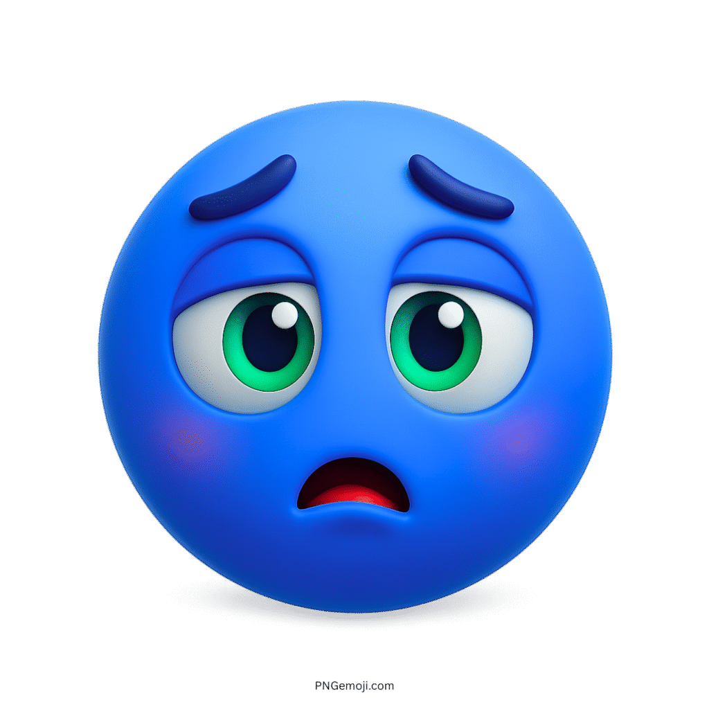 Underwhelmed 3D blue emoji with sad eyes, tired look and worried facial expression