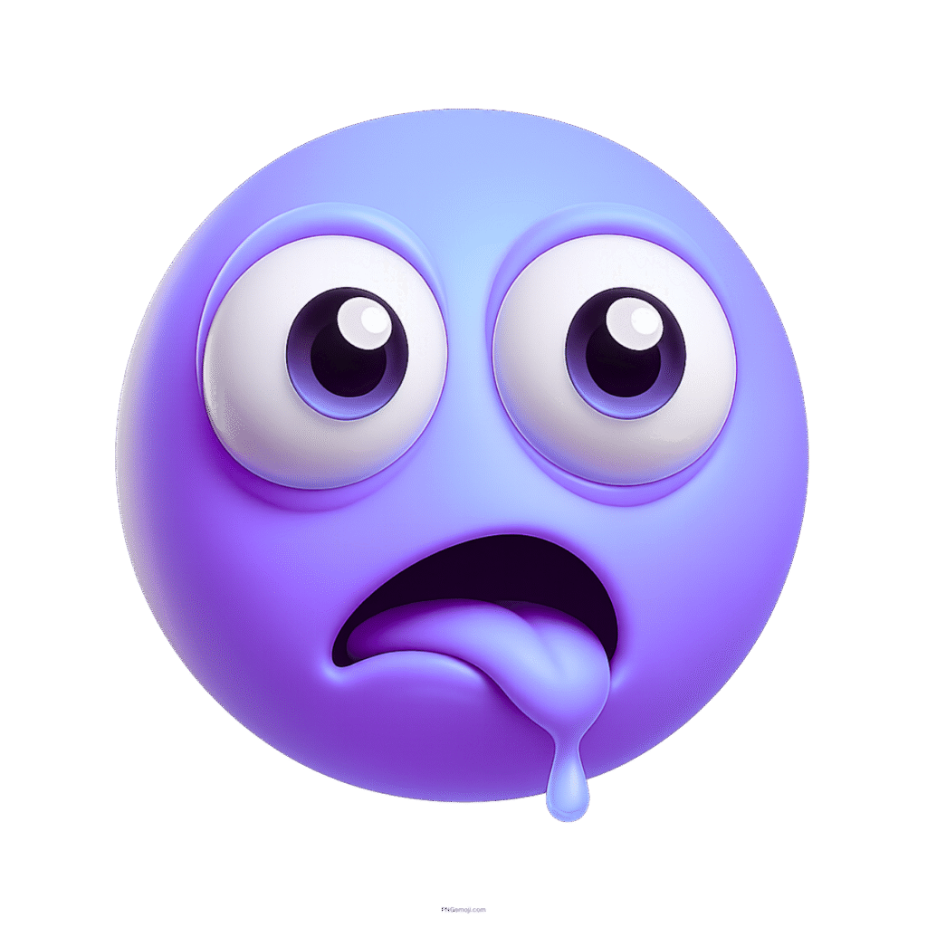 Violet 3D drooling emoji with wide eyes, tongue out, and goofy expression