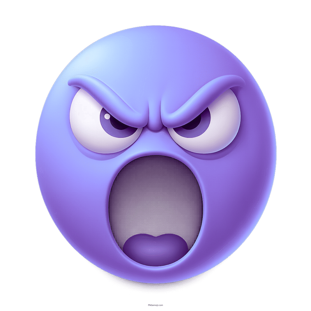 Violet emoji face yelling loudly with wide open mouth and angry eyes