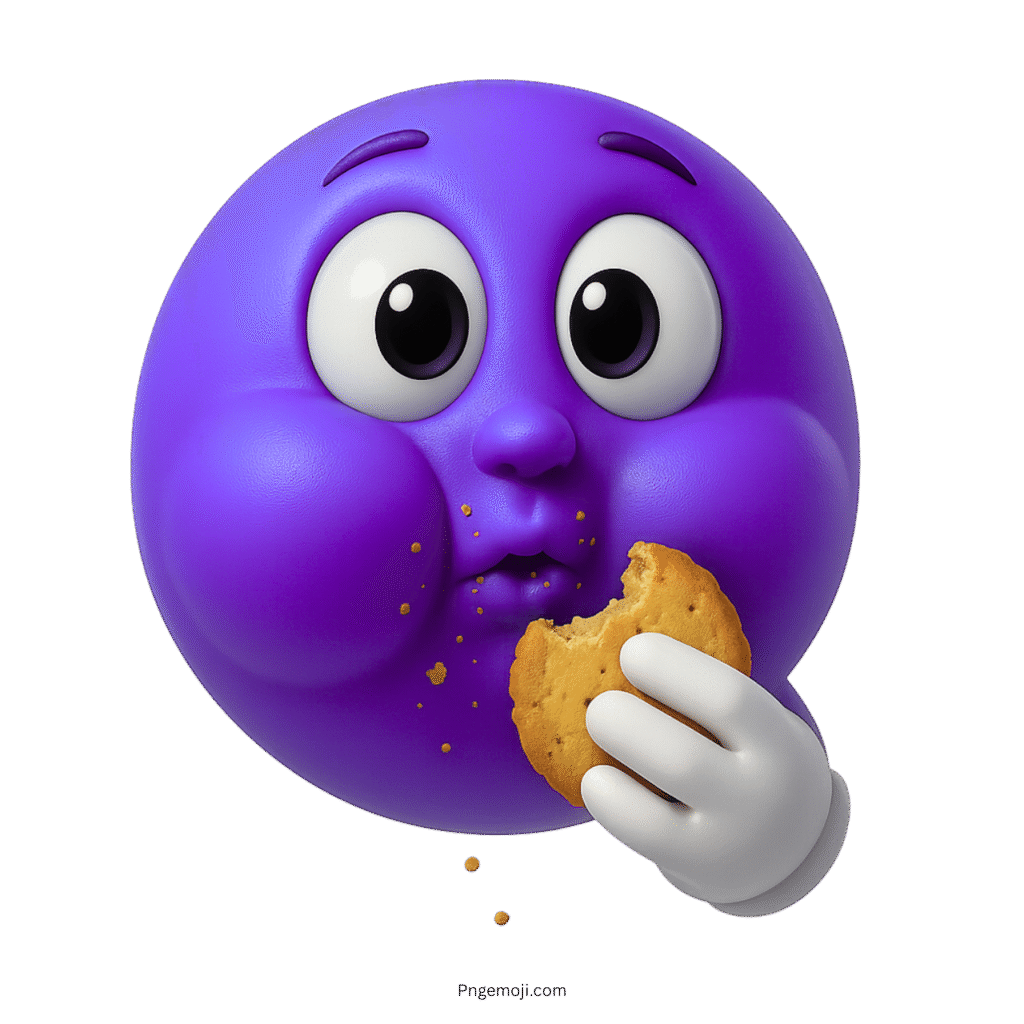Violet emoji with full cheeks eating a cookie and looking surprised