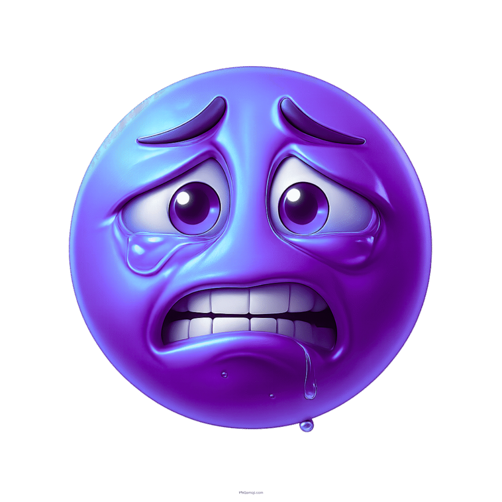Purple 3D weary face emoji showing stress with tears, drool, and clenched teeth