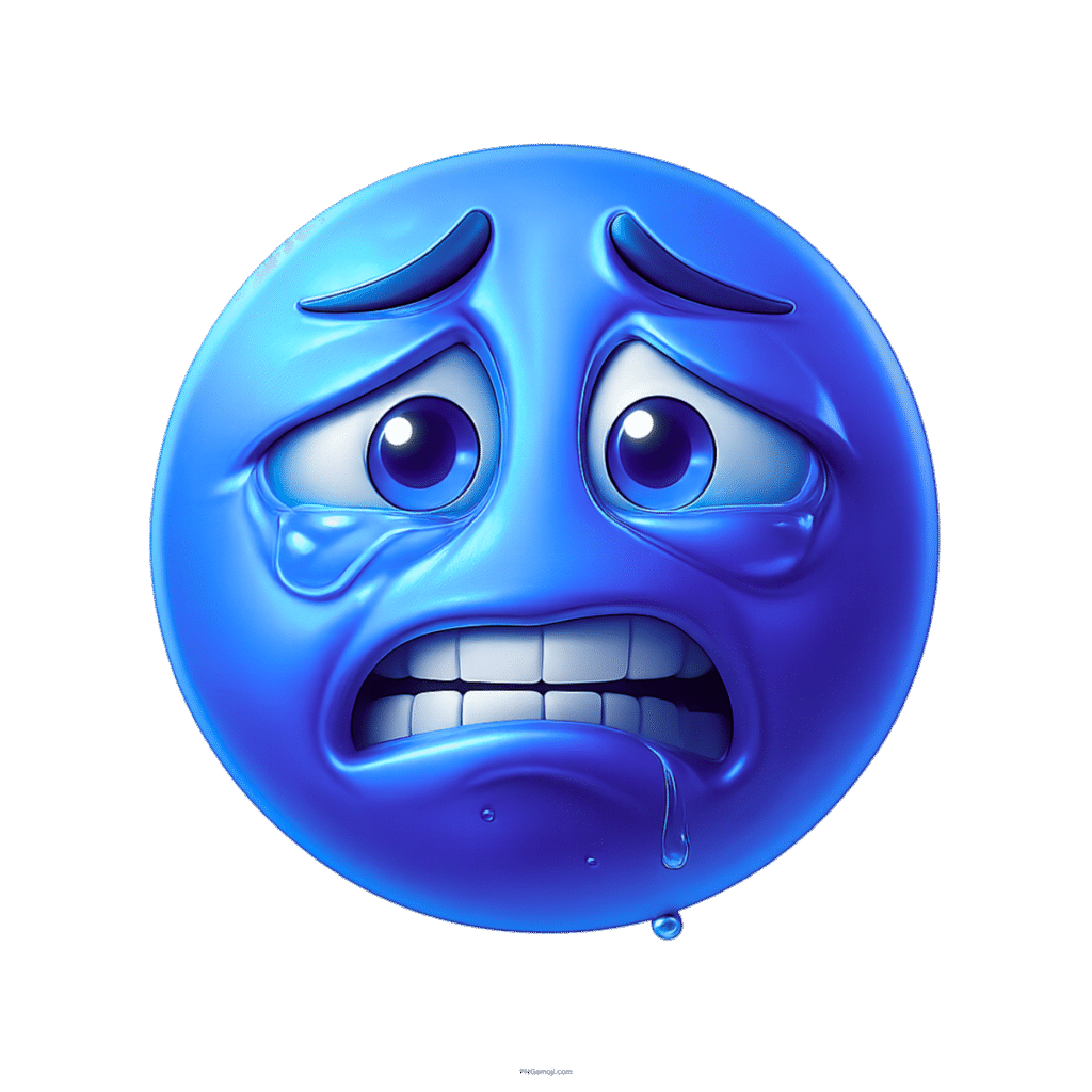 Blue weary face emoji showing fear, anxiety, tears, and stress expression