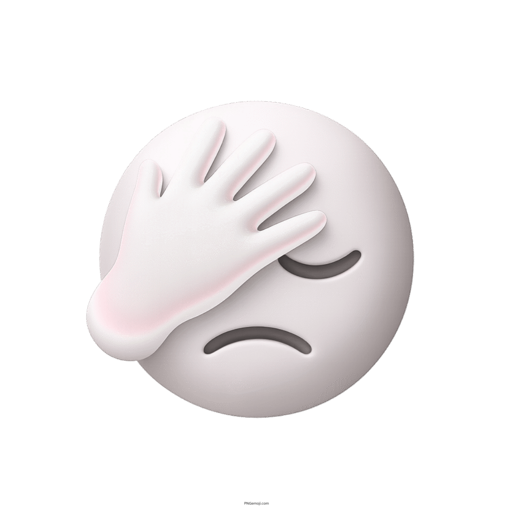 White 3D facepalm emoji with hand on face showing sadness and frustrat