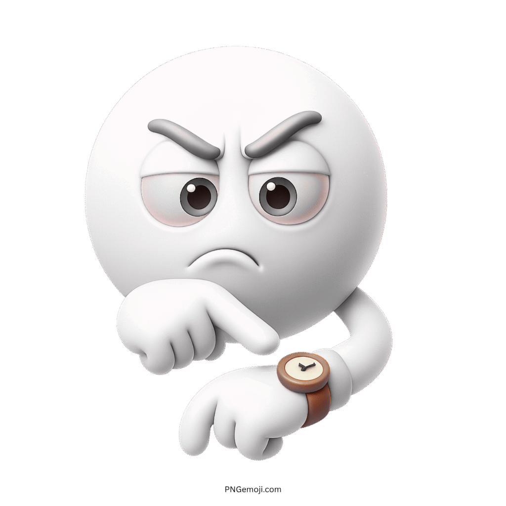 3D white emoji pointing at wristwatch to show impatience, delay, or time stress