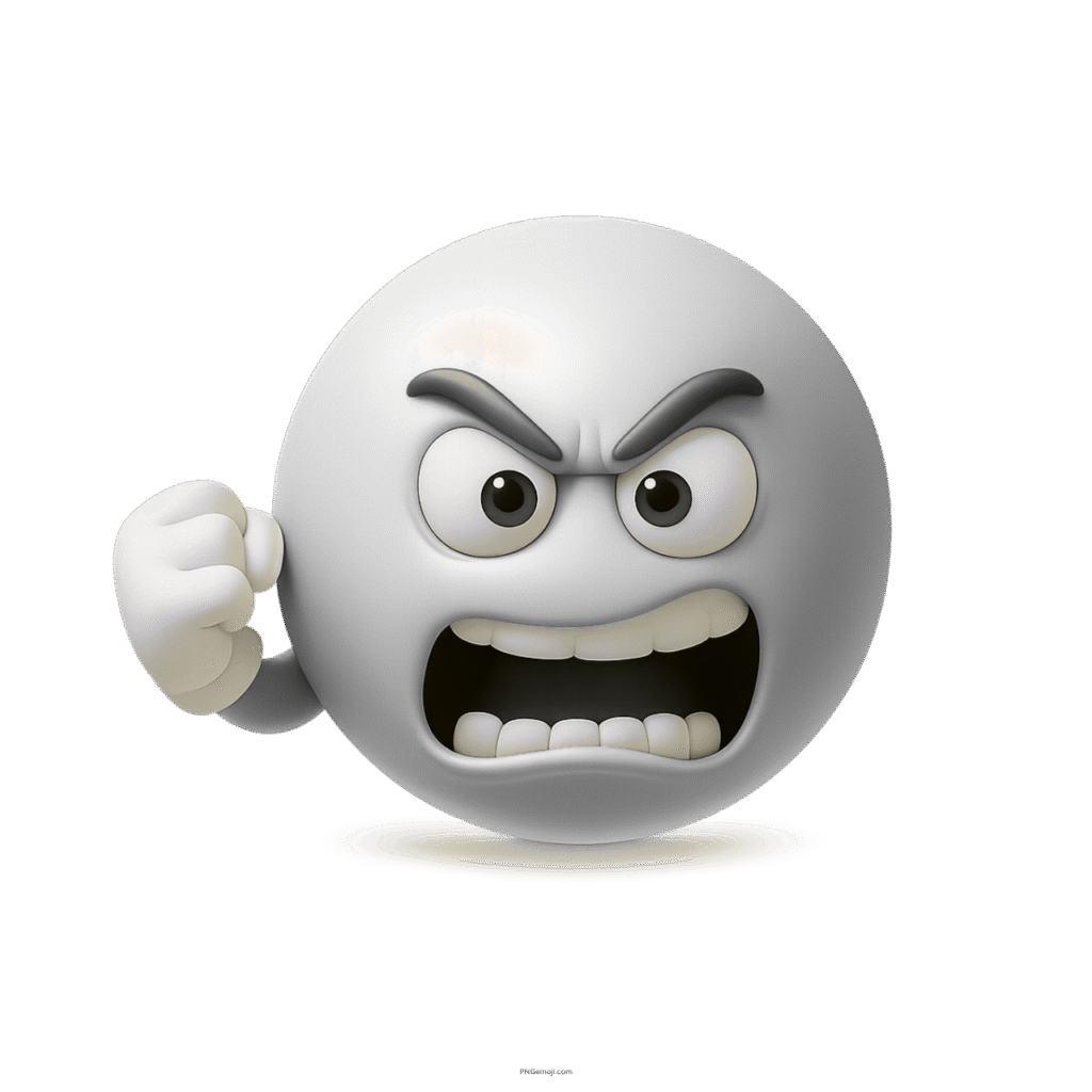 3D white emoji with angry face and clenched fist in classic frustration pose