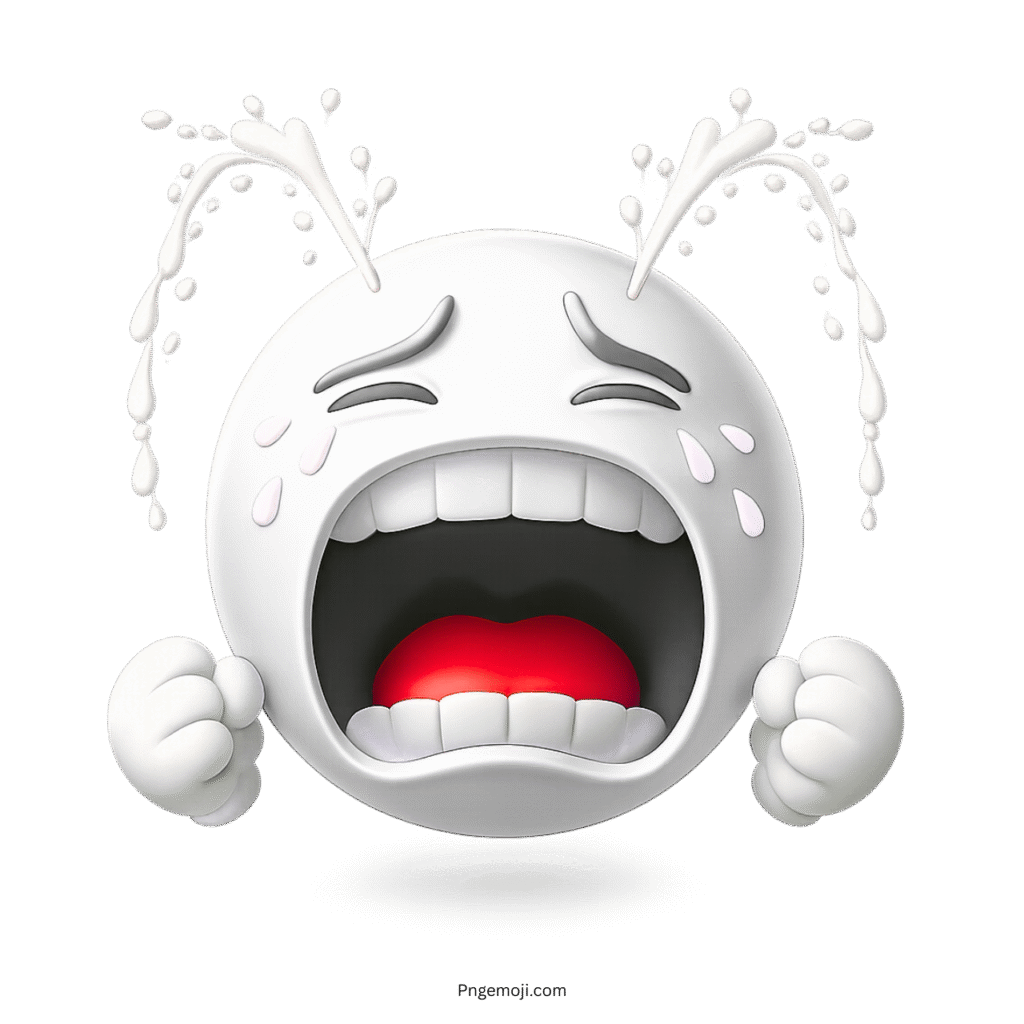 White 3D crying emoji with clenched fists and fountain-like tears splashing from eyes