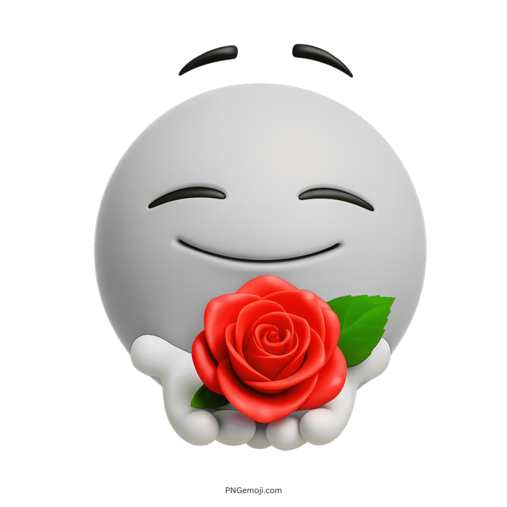 3D white emoji with calm smile holding a red rose flower
