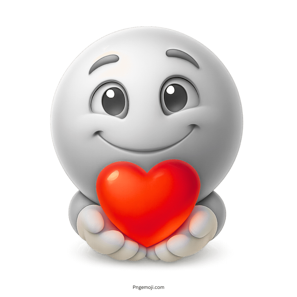 White emoji character smiling while holding a shiny red heart with both hands