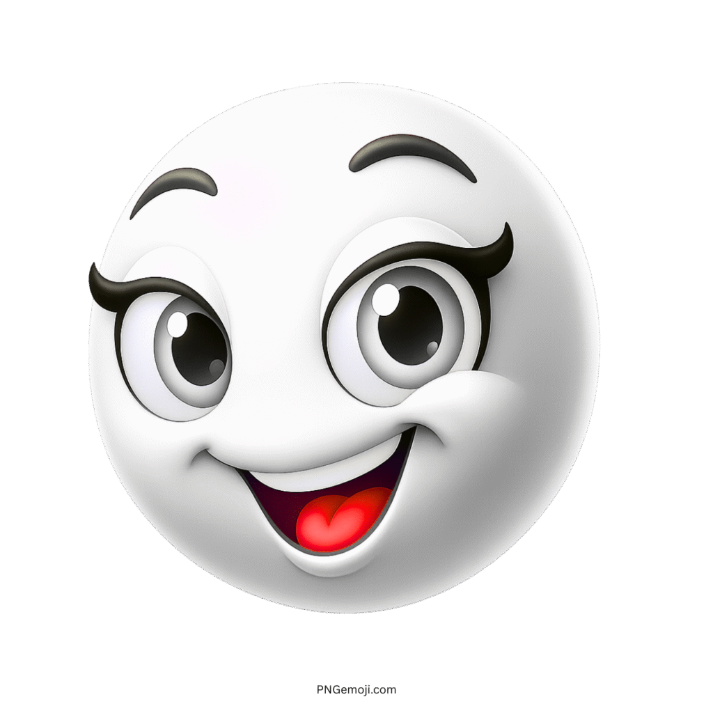 Glossy white emoji with big cartoon eyes, black lashes, happy smile and cute glowing expression