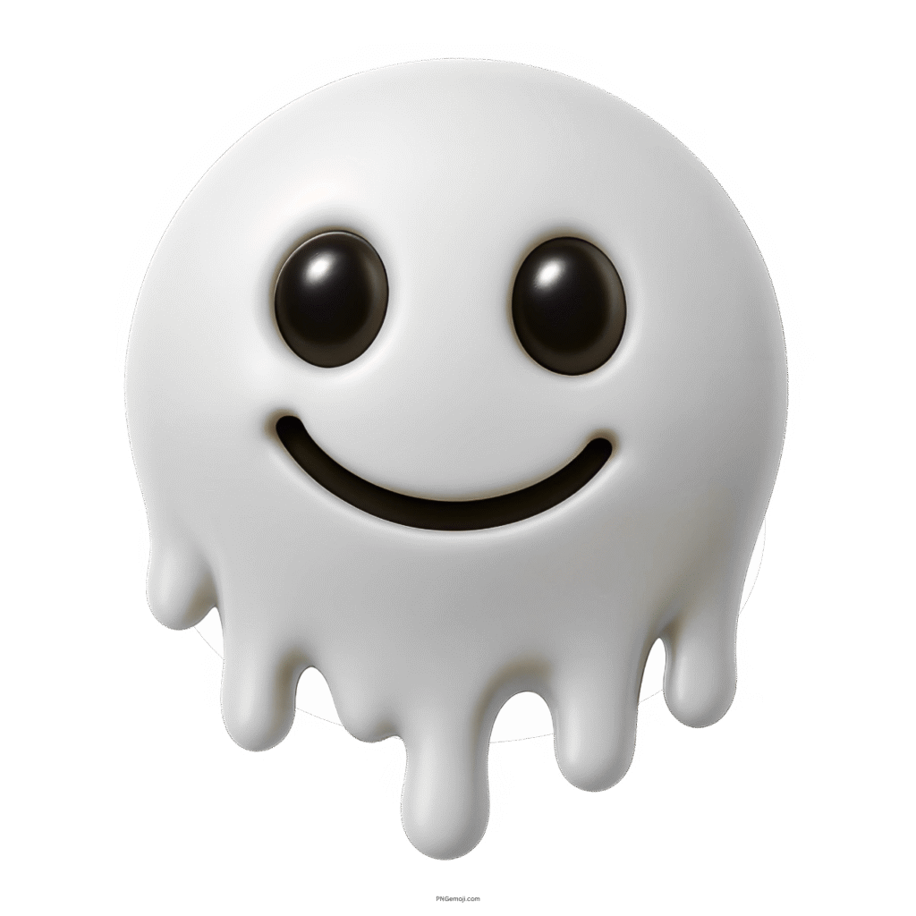 3D white melting smiley emoji with shiny black eyes and dripping glossy texture