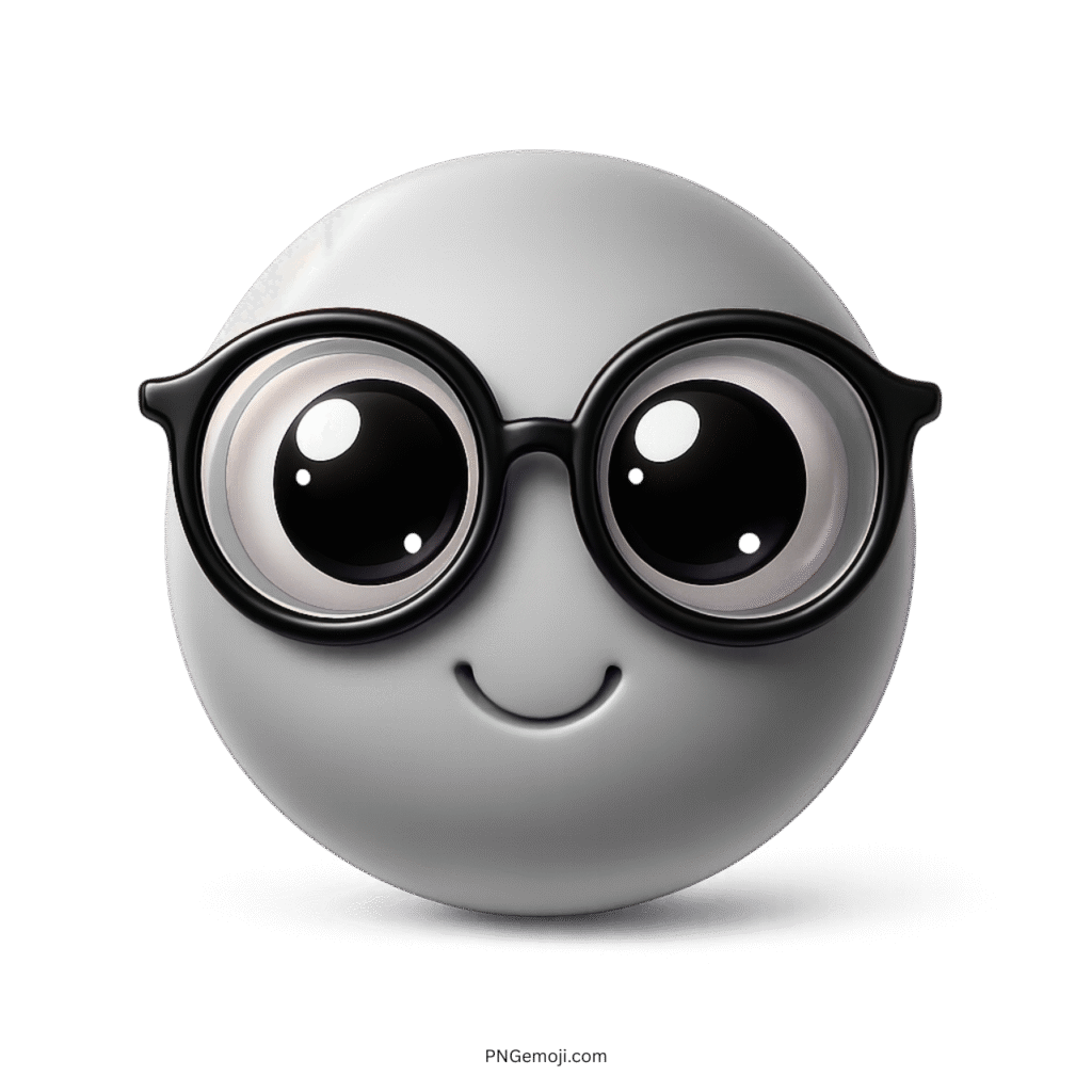 White emoji face with nerd glasses and shiny expressive cartoon-style eyes