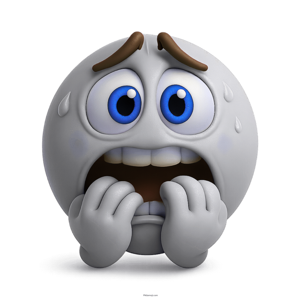 White 3D emoji face biting nails and sweating in fear expression