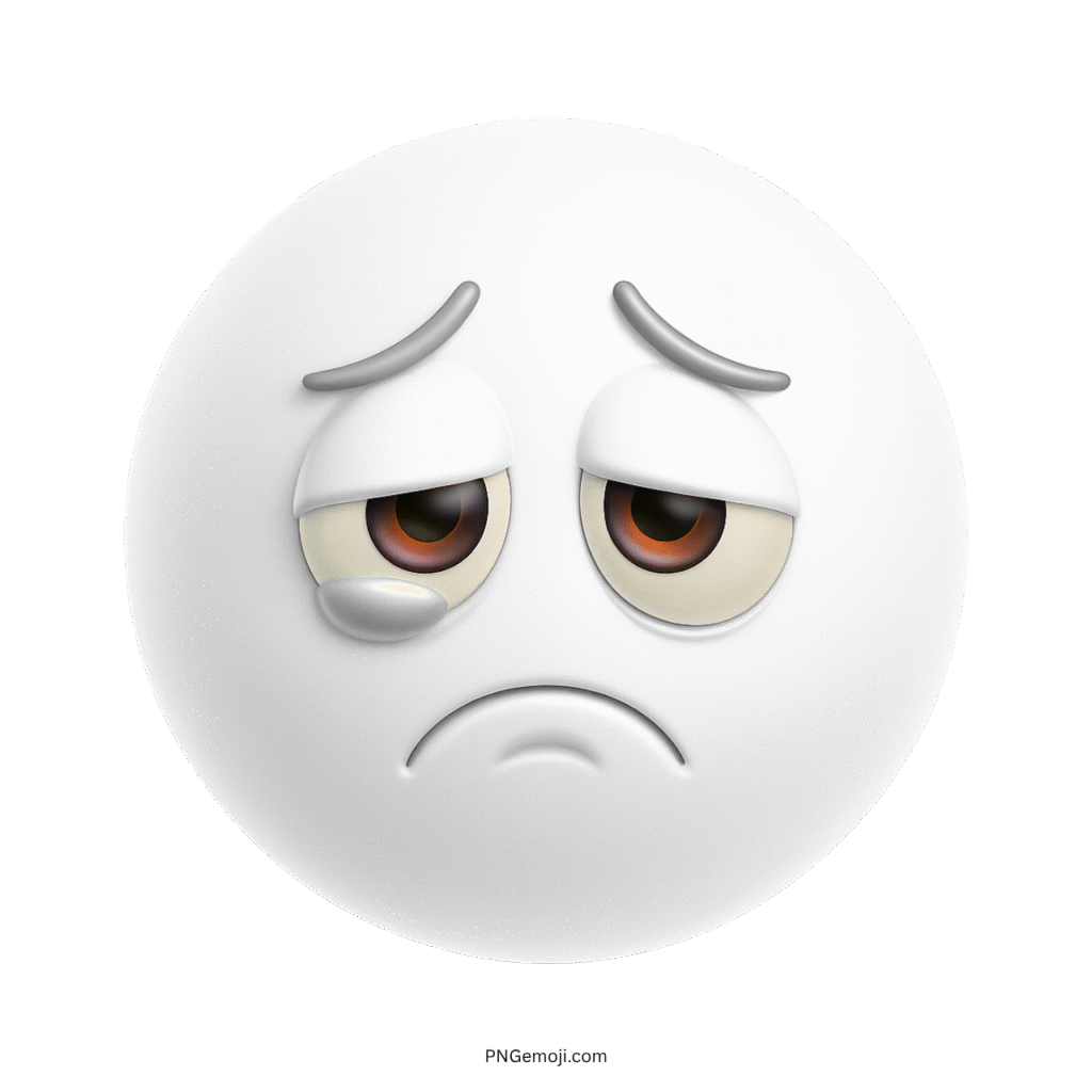 3D white sad emoji face showing tired eyes and frown with emotional look