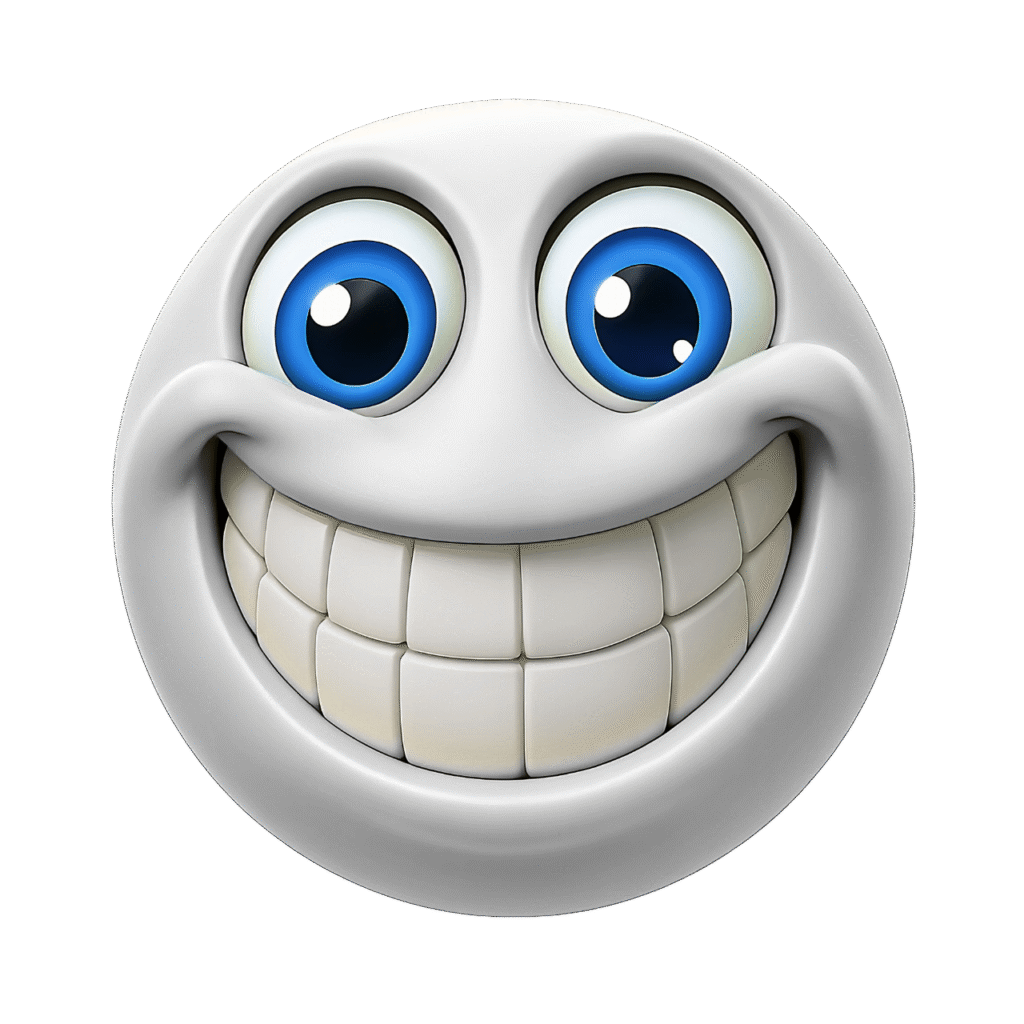 White emoji face with big toothy grin and wide blue cartoon eyes