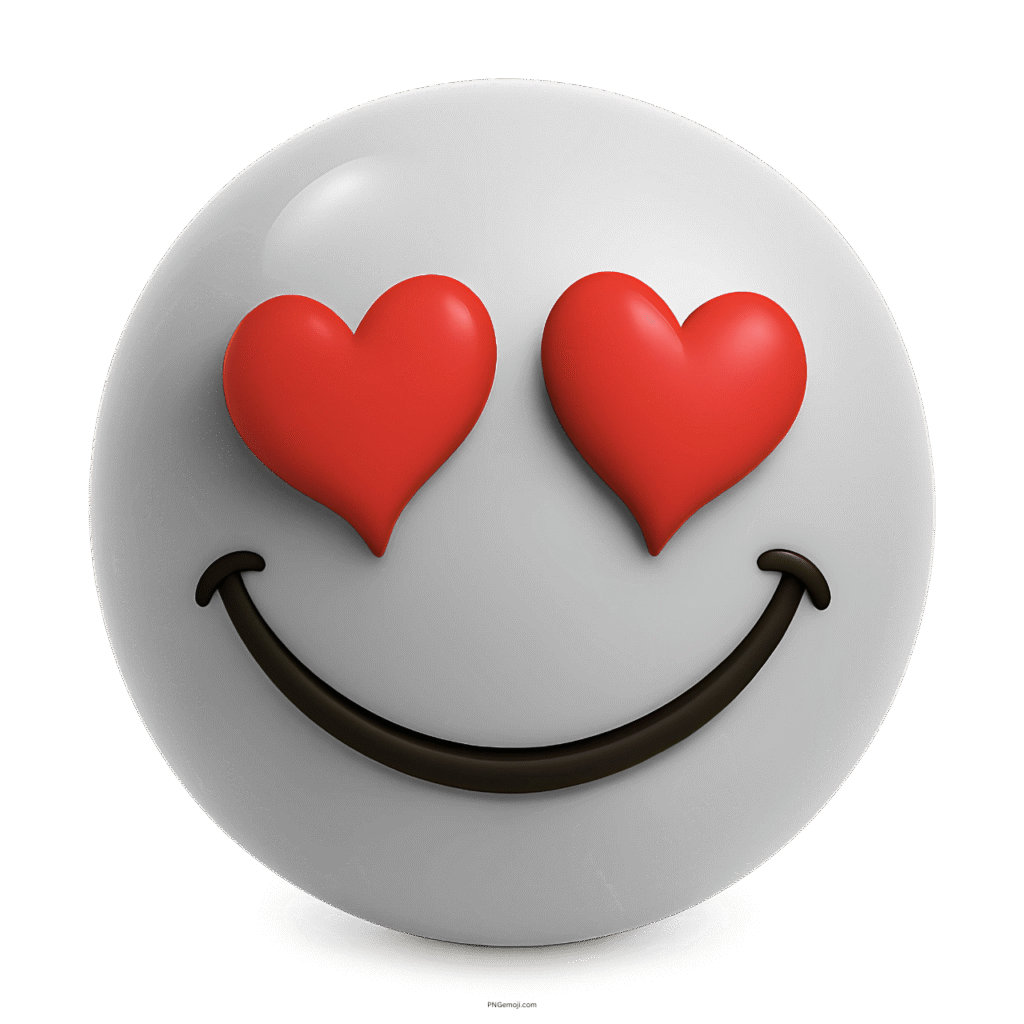 3D white smiley emoji with red heart eyes and a happy facial expression