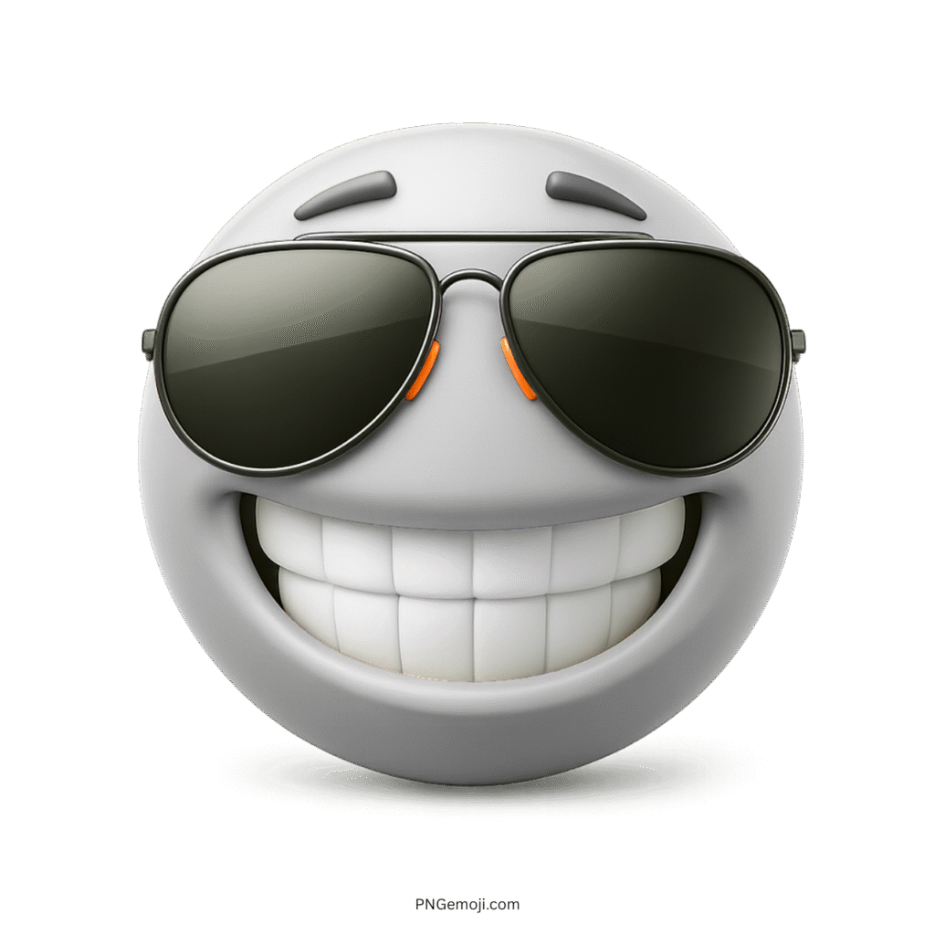 White smiling emoji wearing black sunglasses showing confidence and joy in 3D style