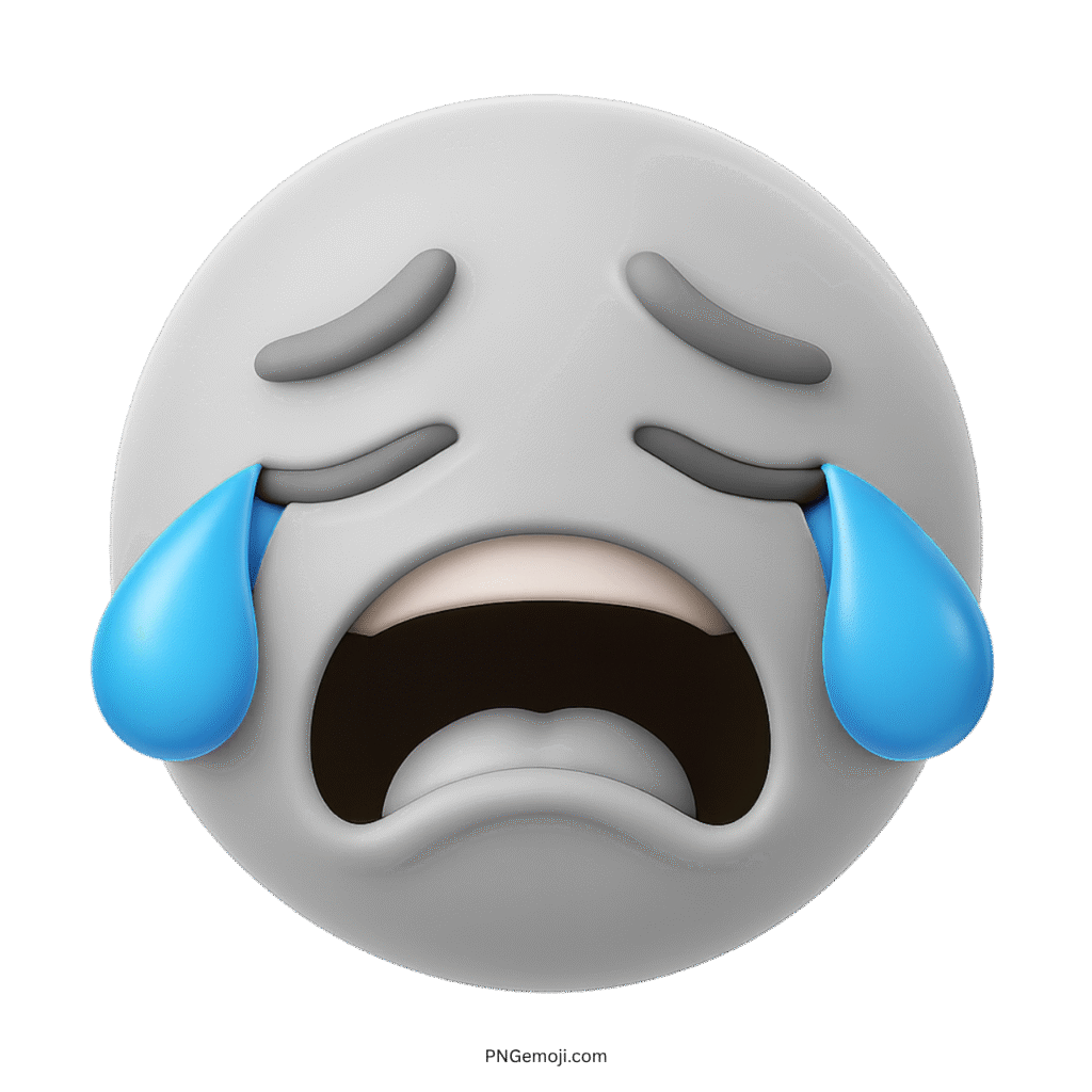 3D white sobbing face emoji with big blue tears and sad expression
