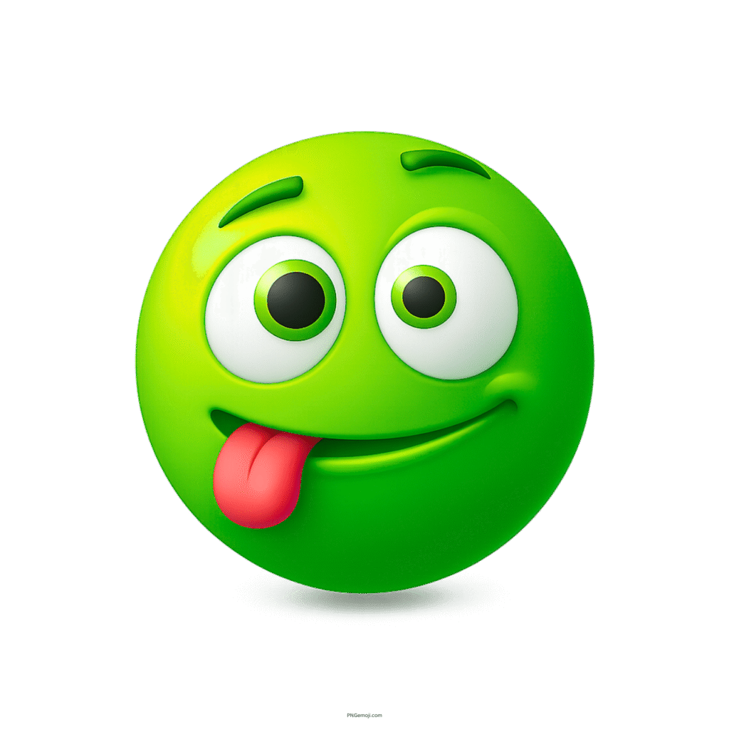 Green woozy face emoji with tongue out, large eyes and silly facial expression