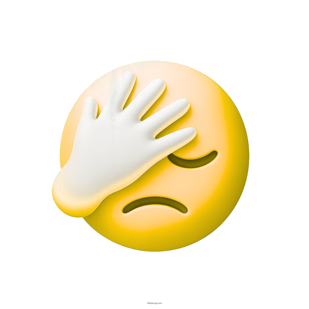 Yellow 3D facepalm emoji with white hand showing sadness and disappointment