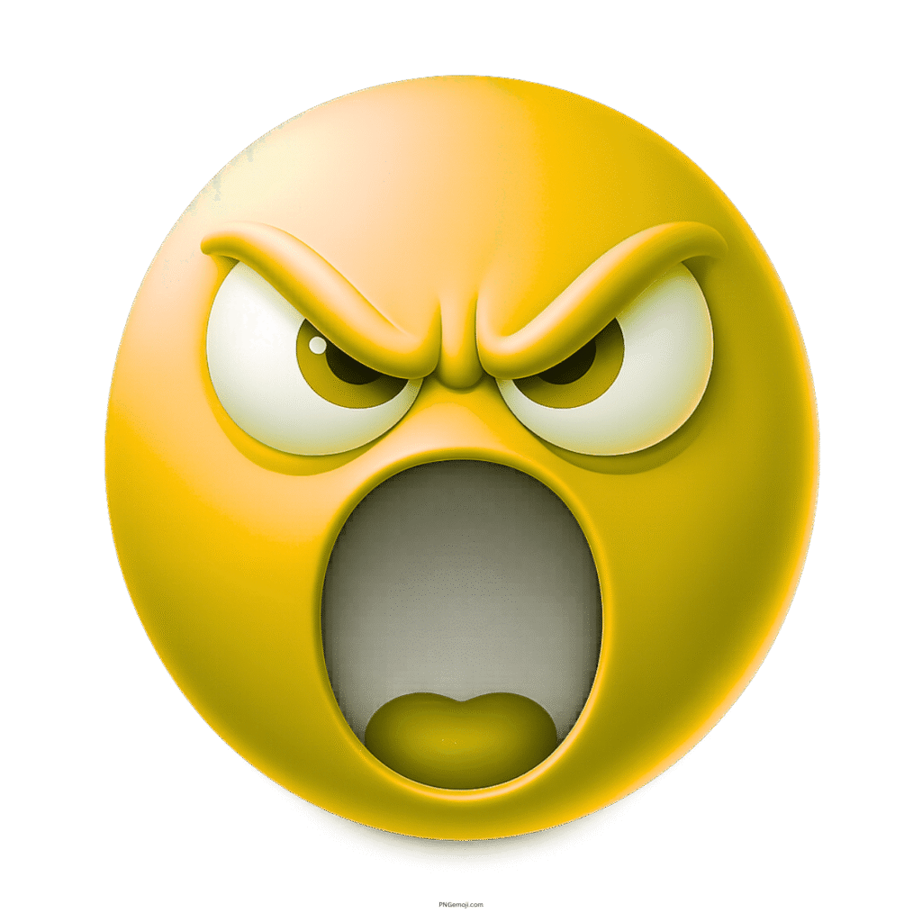 Yellow emoji with angry eyes and wide open shouting mouth expression