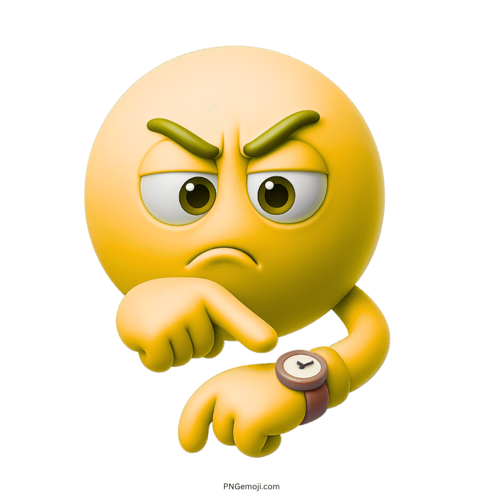 3D yellow annoyed emoji pointing to wristwatch indicating waiting or time pressure
