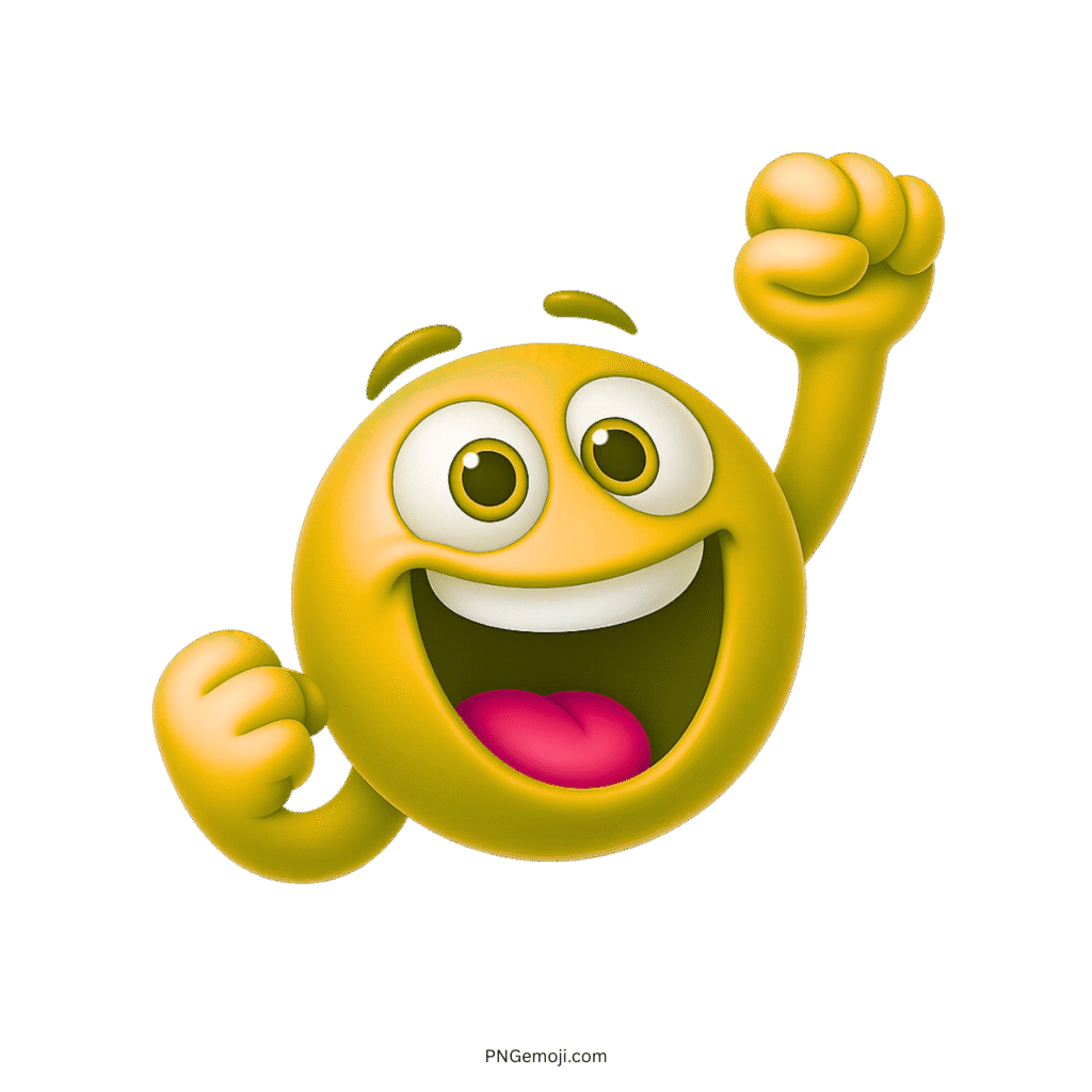 3D yellow cheering smiley emoji with raised fists and wide joyful expression