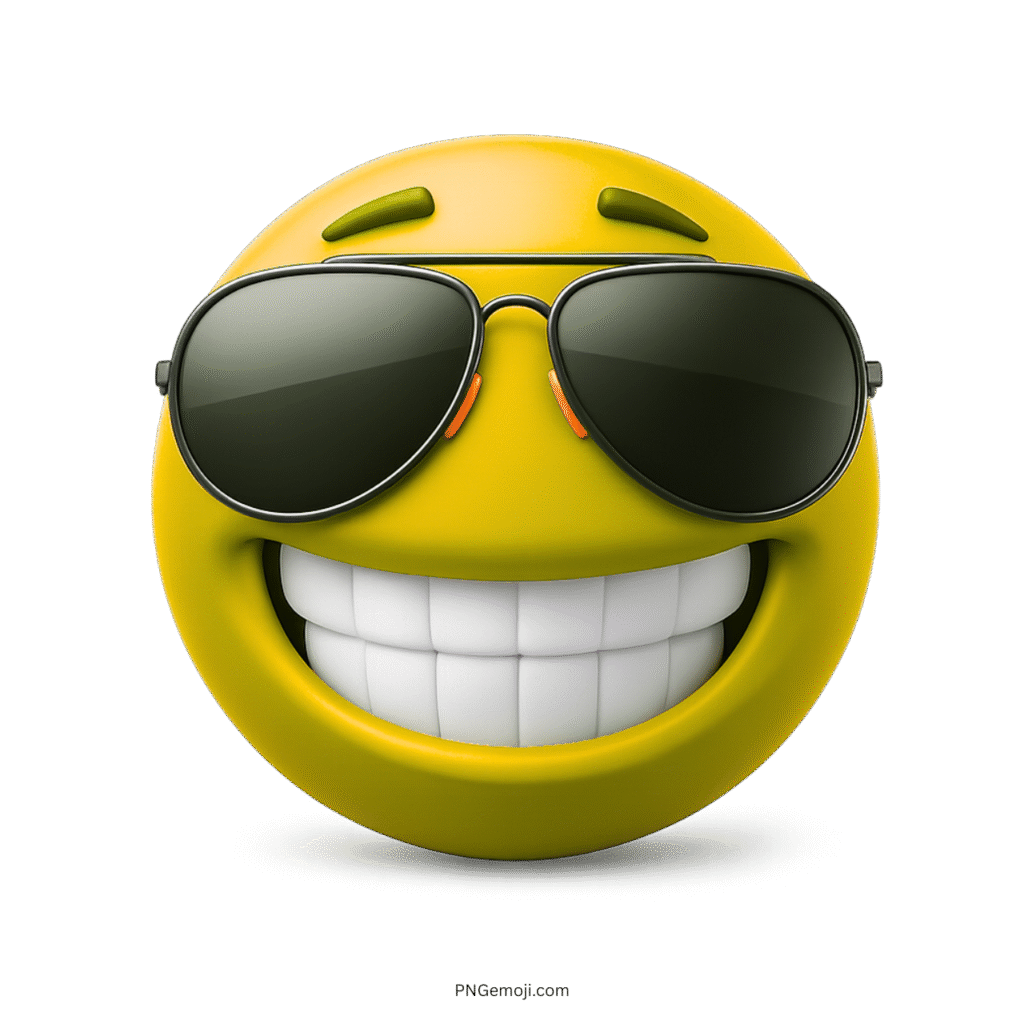 Yellow 3D smiling face emoji with black sunglasses and wide white-toothed grin