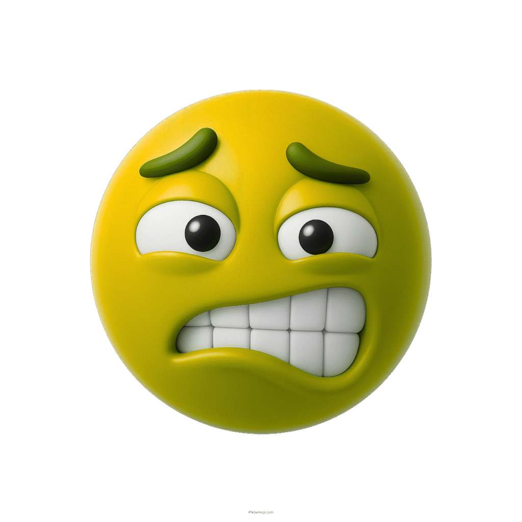 Yellow cringed emoji with nervous smile and raised eyebrows in 3D style.-awkward-expression-3d-nervous-smile