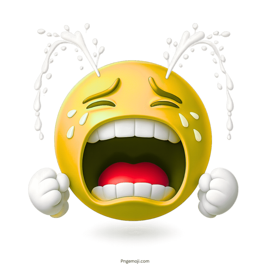 3D yellow emoji crying heavily with fountain tears and clenched fists, emotional expression