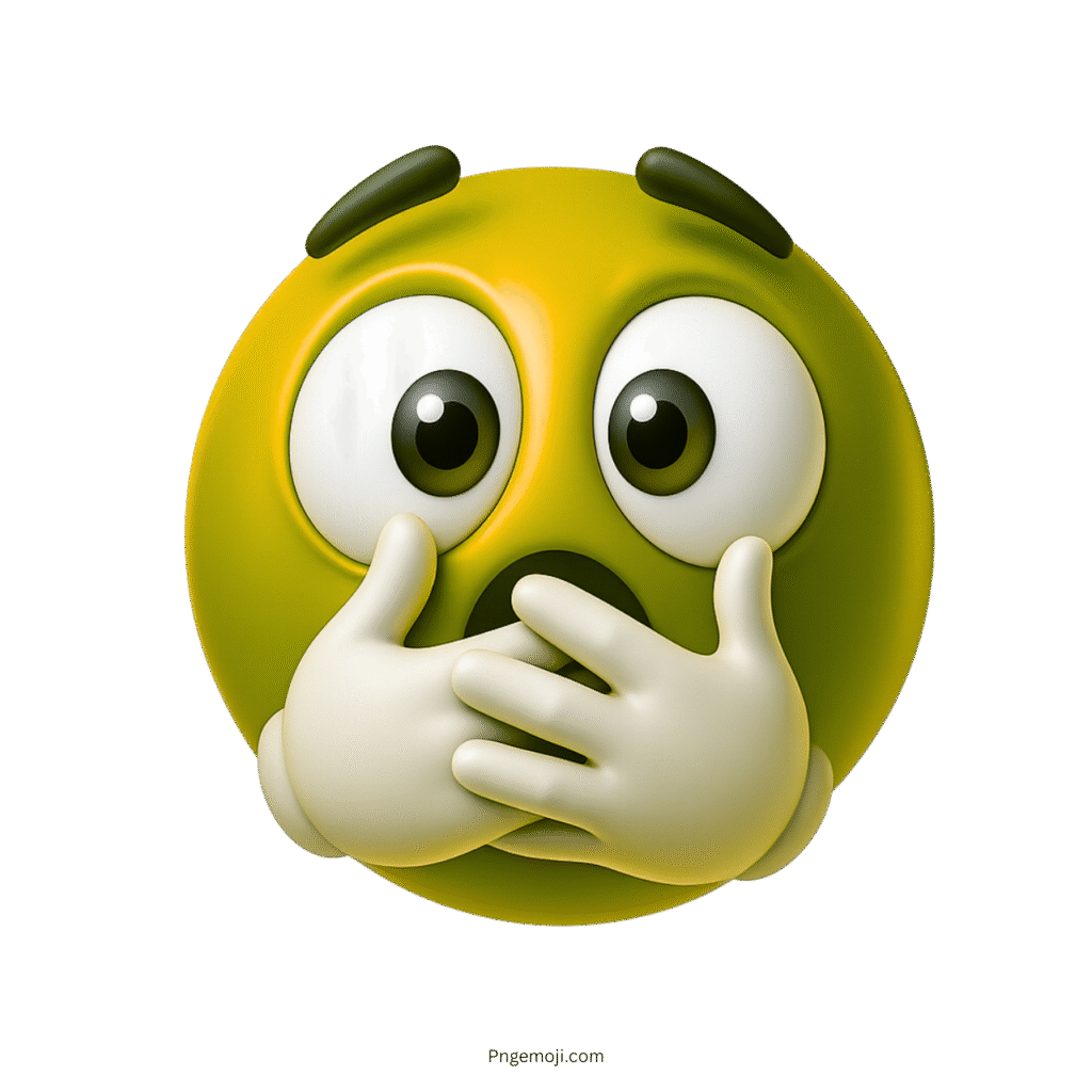 Yellow emoji face with wide eyes and white hands covering mouth in shock