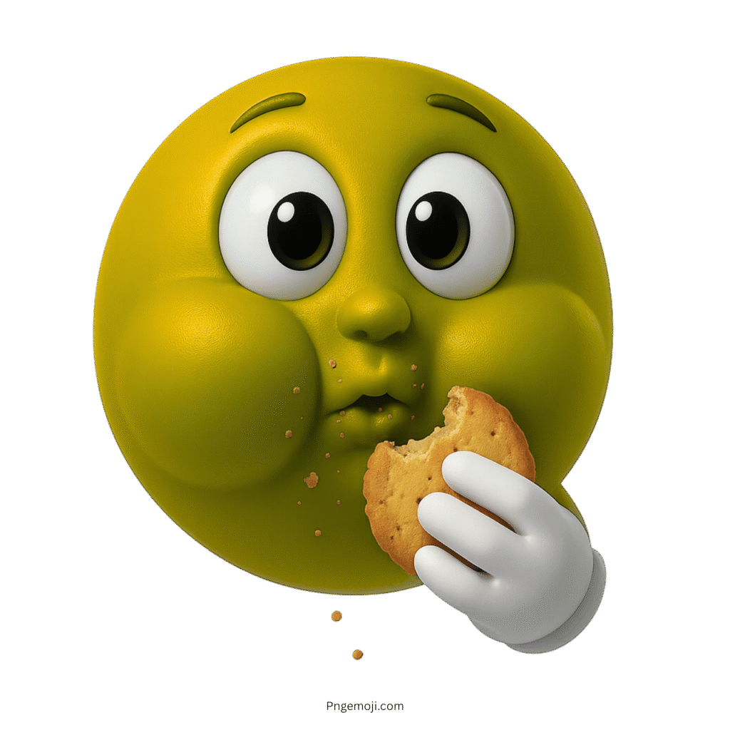 Cute yellow-green emoji munching cookie with big eyes and puffed cheeks