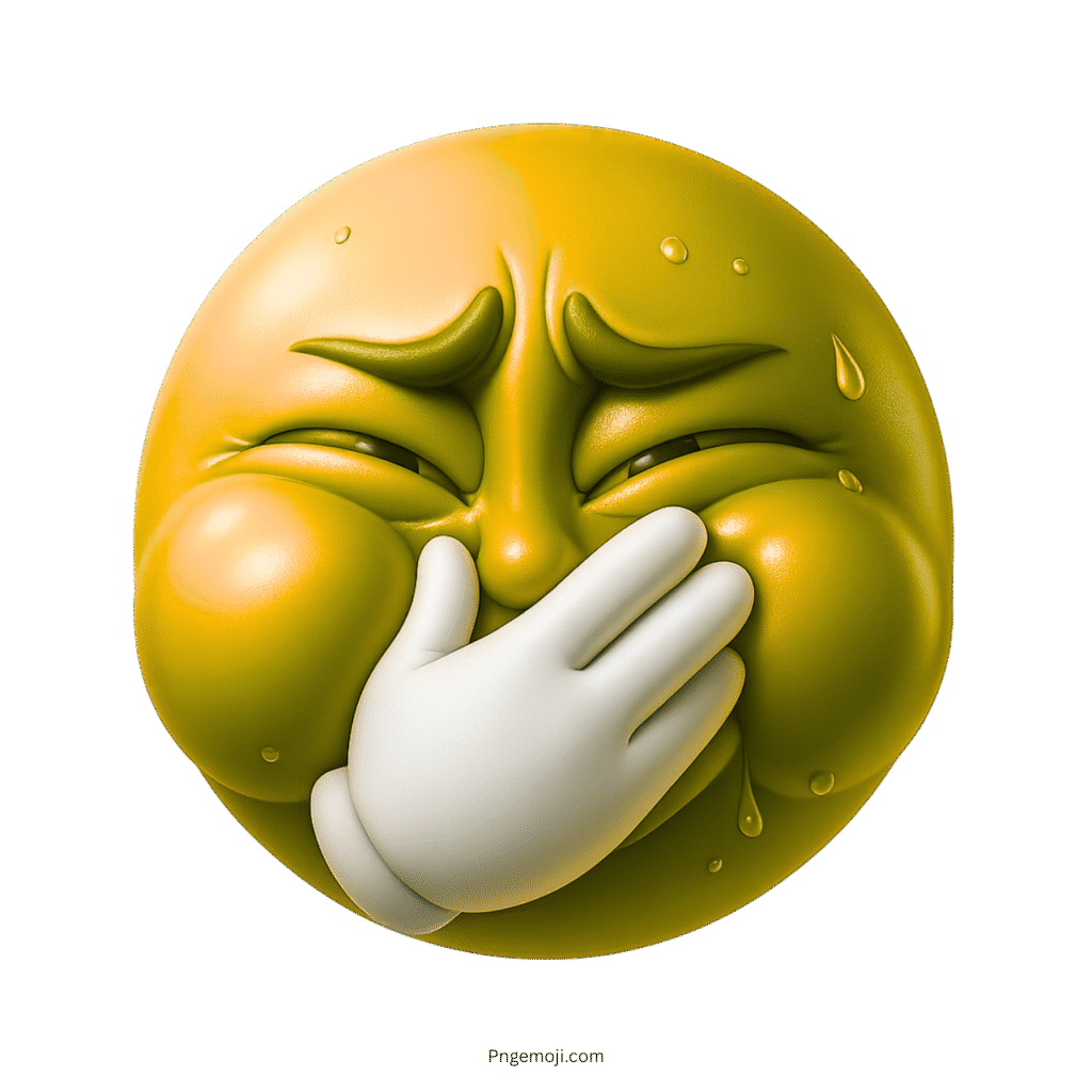 Yellow emoji with puffed cheeks, covering mouth, sweaty and holding in expression