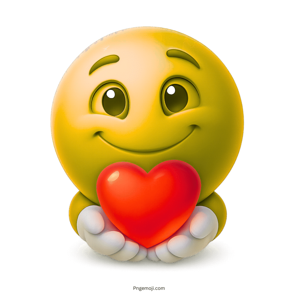 3D yellow emoji holding red heart with smile and kind expressive eyes