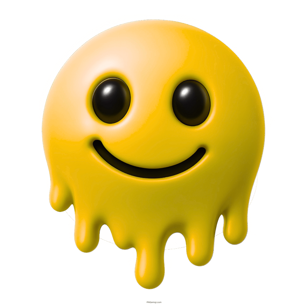 3D yellow melting smiley emoji with black eyes and dripping, glossy texture