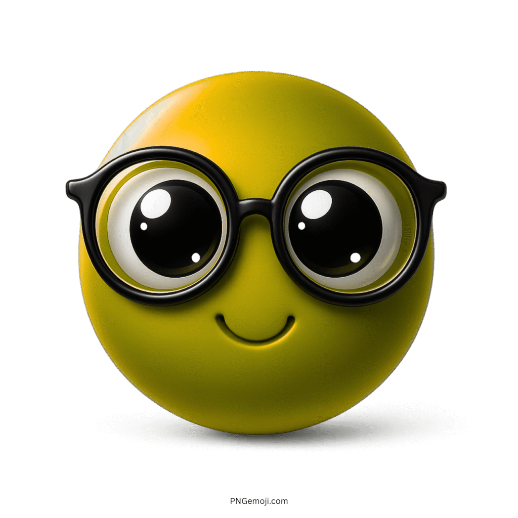 Yellow emoji face with nerd glasses and bright intelligent cartoon eyes