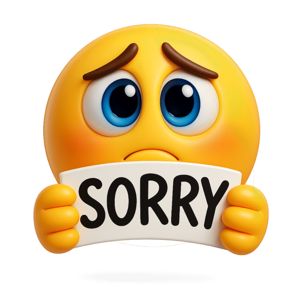 Yellow 3D emoji with sad face holding a sorry sign in apology gesture.