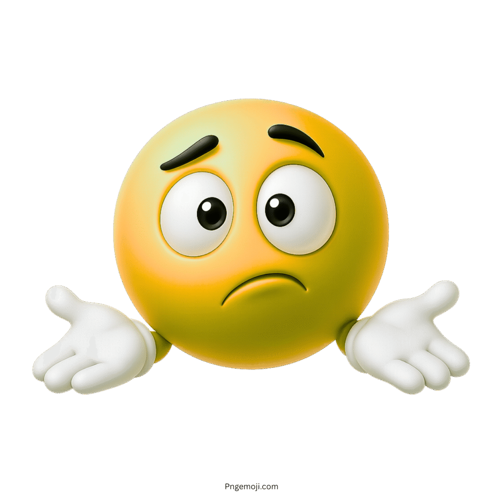 3D yellow shrug emoji with confused face and open raised hands on transparent background