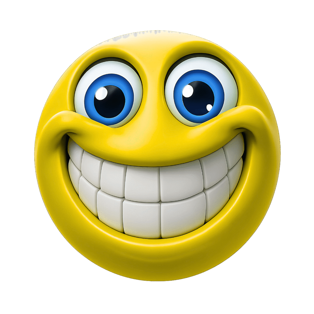 Yellow emoji with big grin and large blue cartoon eyes, cheerful face