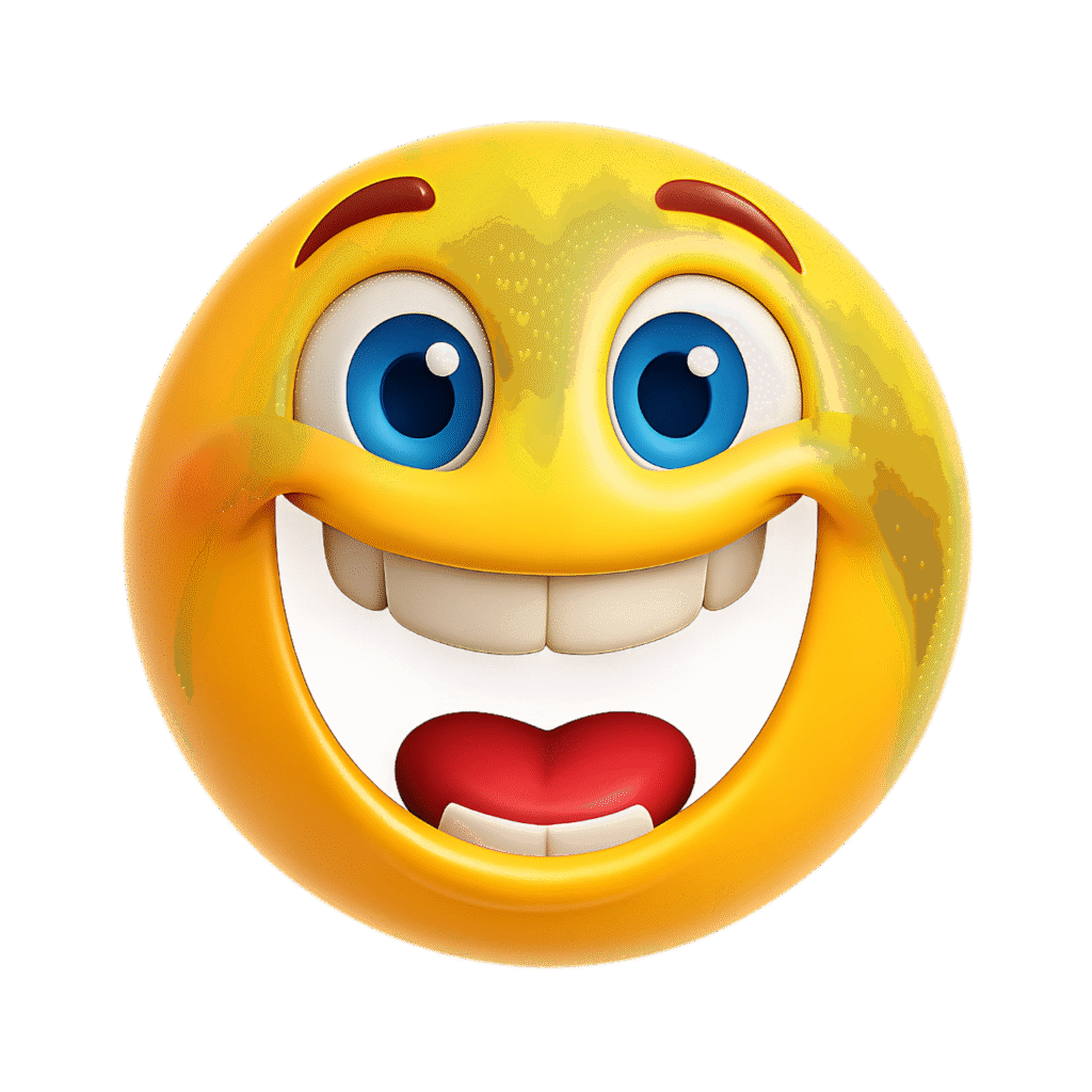 3D yellow emoji face with big smile, blue eyes, and joyful cartoon expression