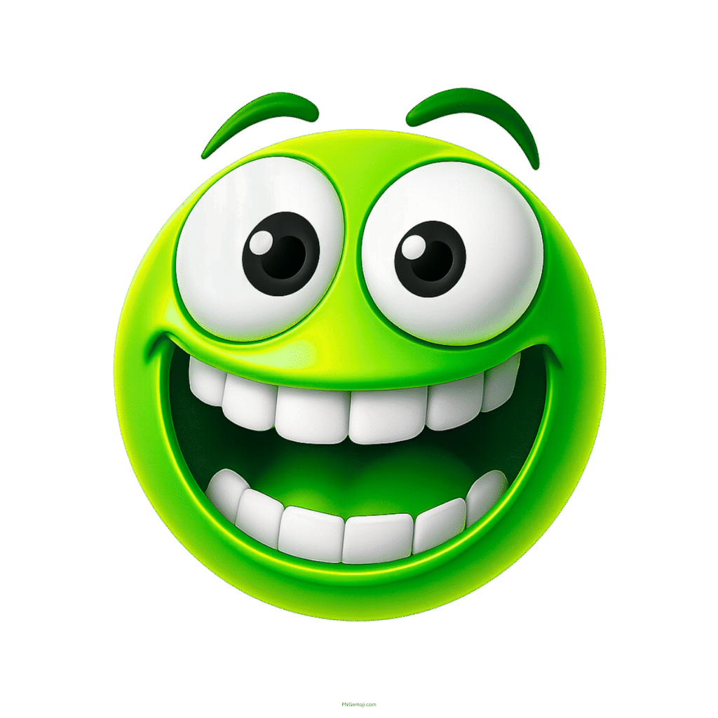 Bright green emoji with crazy eyes, wide smile, and playful cartoon expression.
