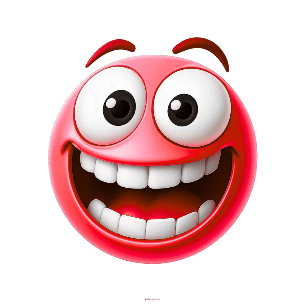 Red zany emoji with goofy eyes, wide grin, and silly cartoon expression.