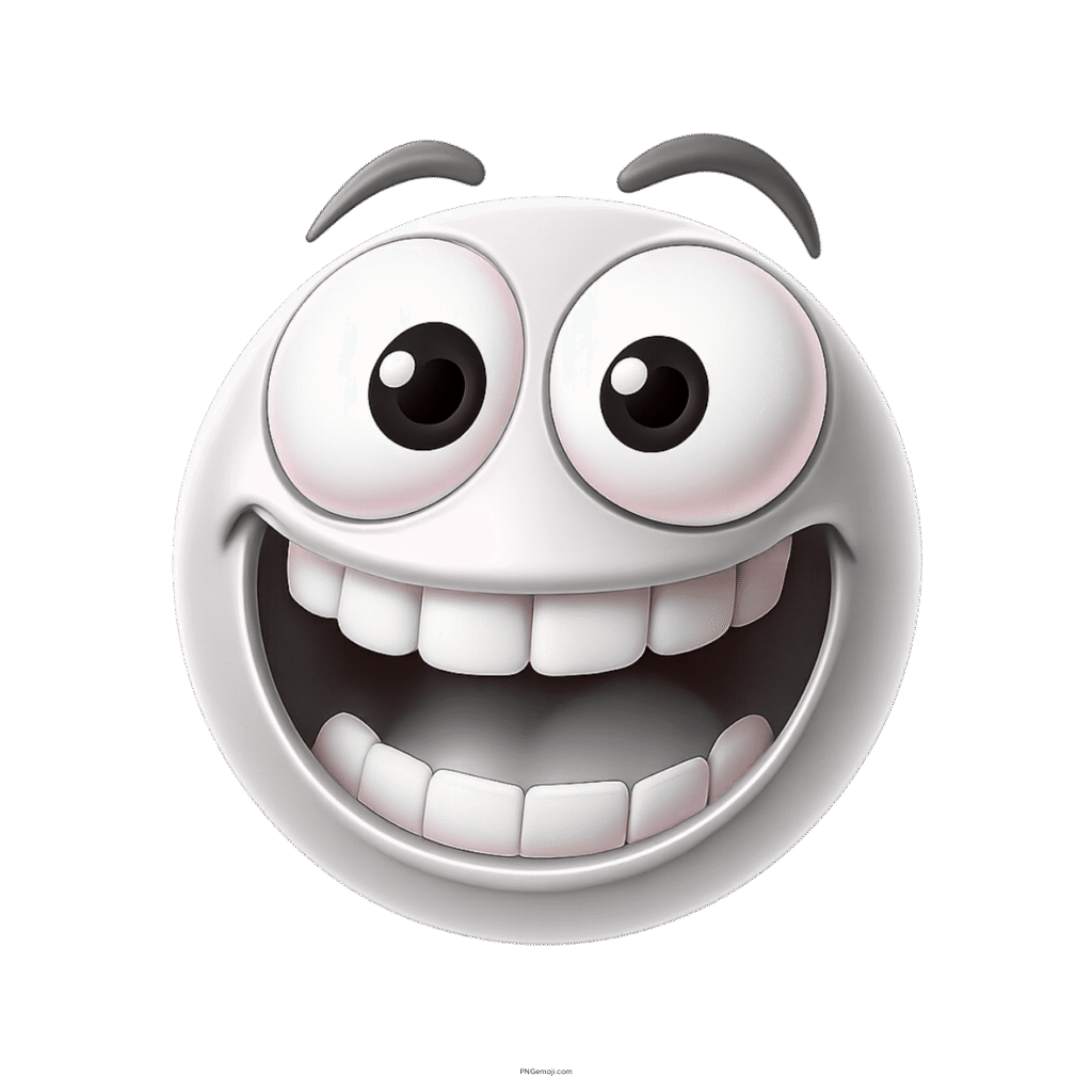 Funny white emoji with huge eyes, goofy grin, and wild cartoon expression.