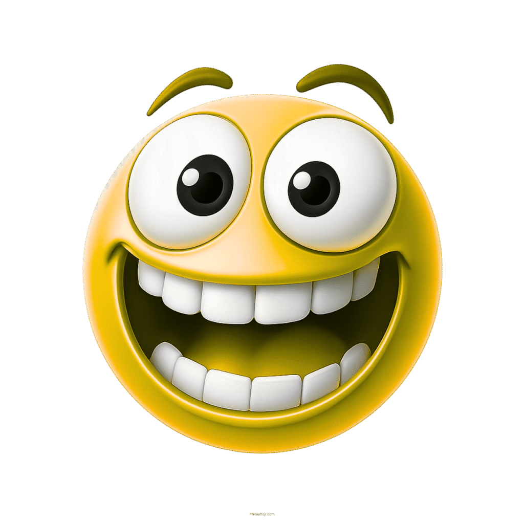 Zany yellow emoji with giant eyes, cartoonish grin, and wild happy expression.