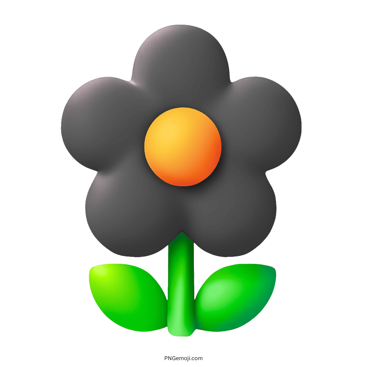 3D Black Blossom Emoji PNG with an orange center and green leaves on a transparent background.