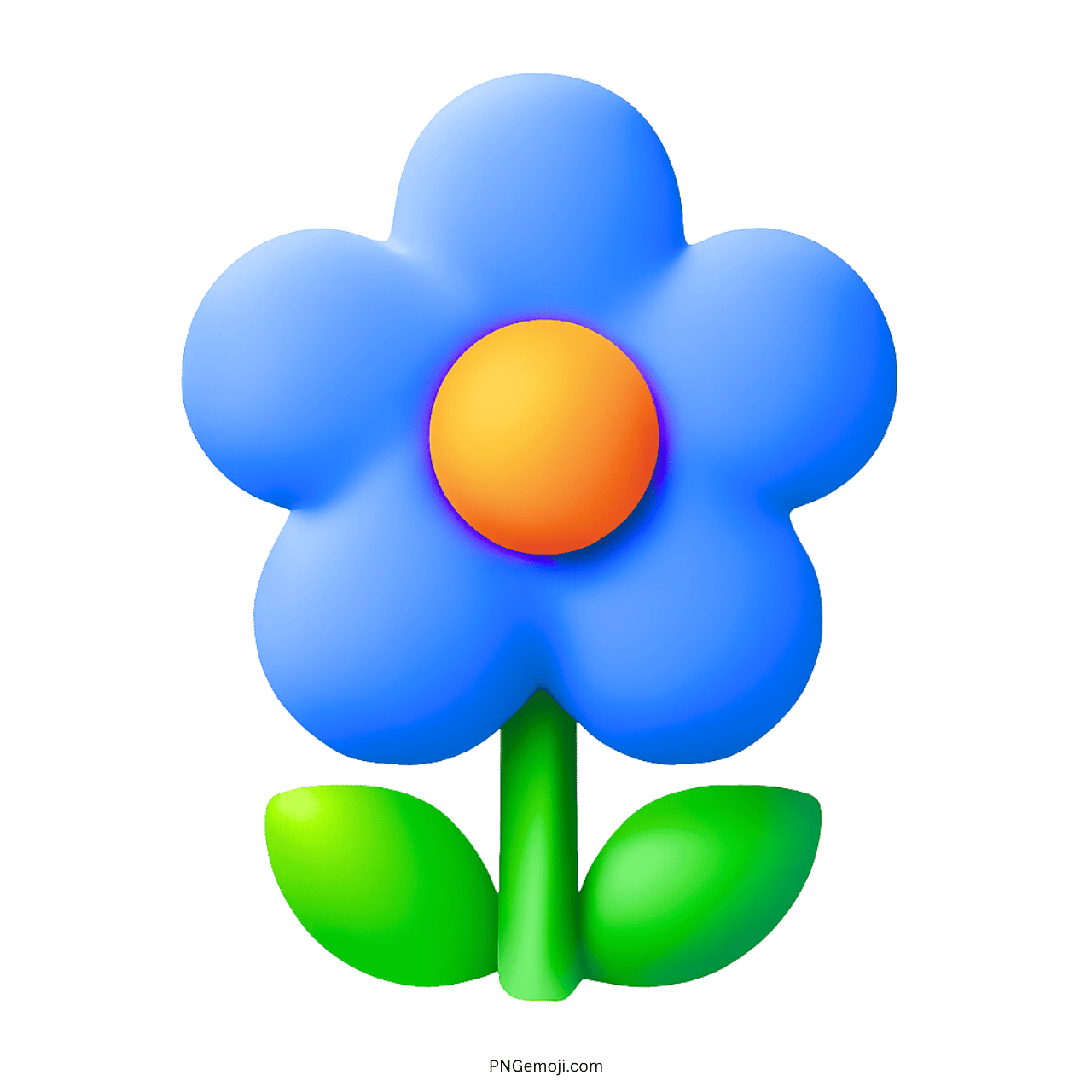 3D Blue Blossom Emoji PNG with a vibrant orange center and green leaves on a transparent background.