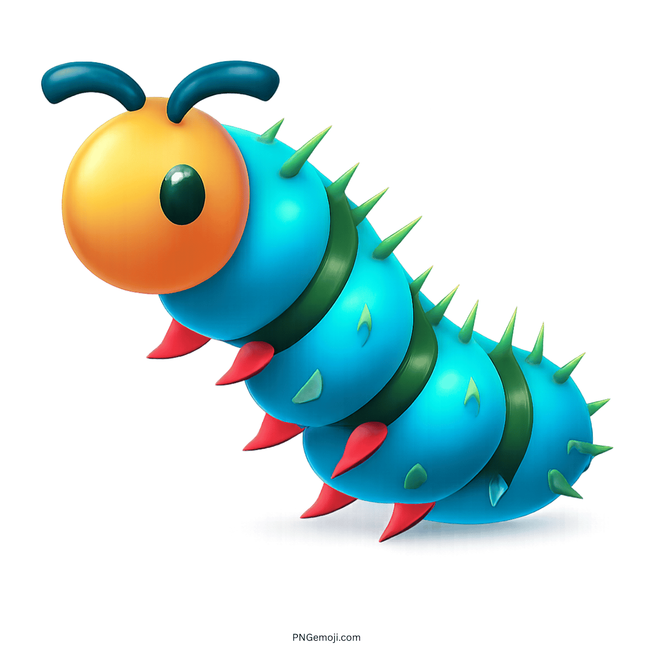 3D blue caterpillar emoji with spiked body and orange face on transparent background