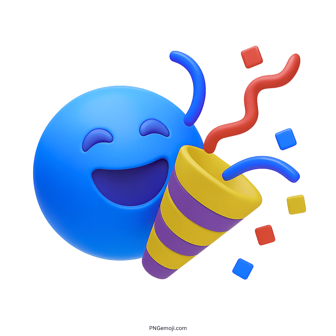 3D blue party popper emoji with confetti and smiley face, transparent PNG