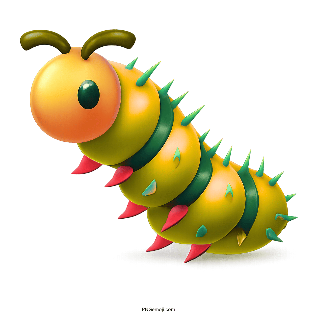 Colorful 3D caterpillar emoji with spiked body and cute face on transparent background